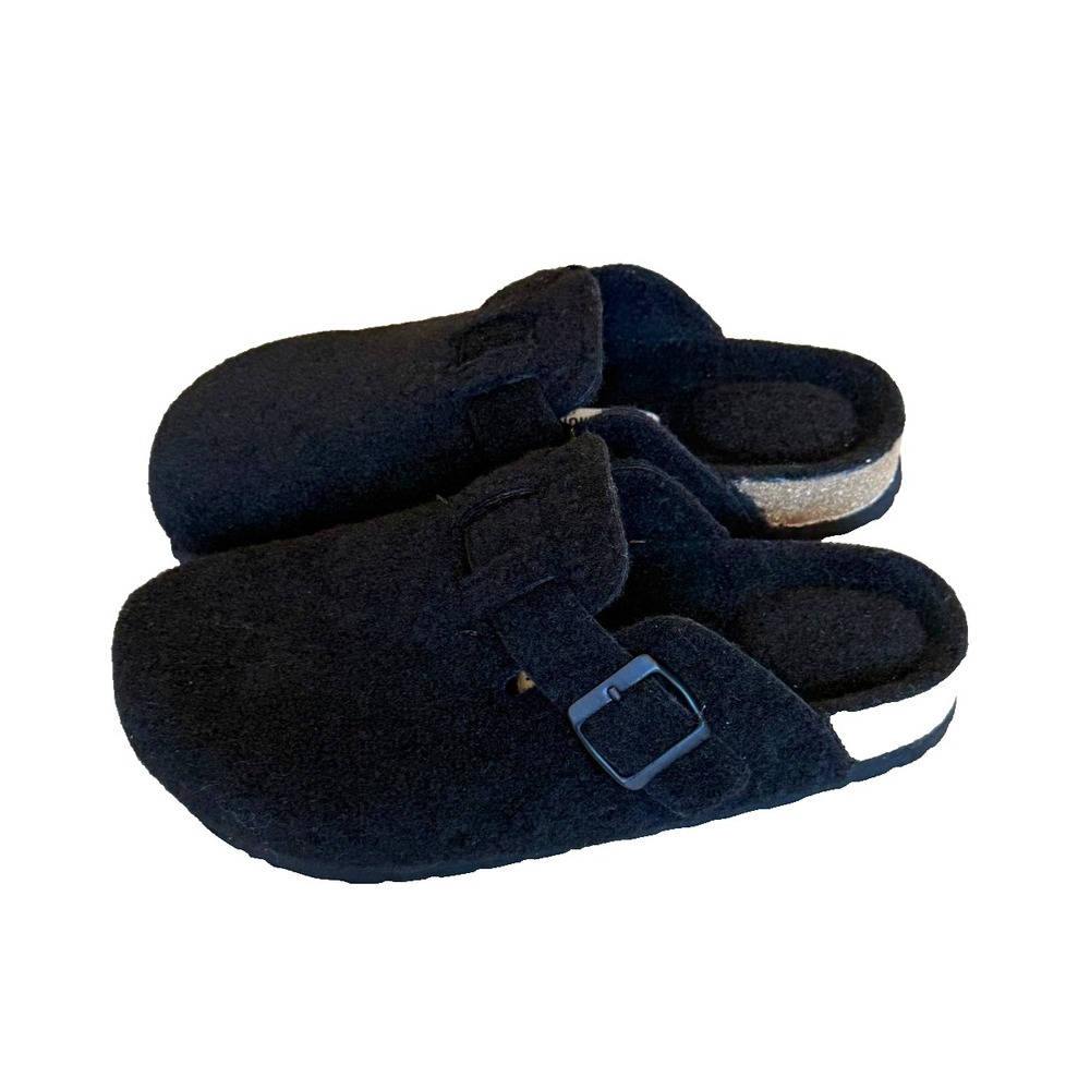 Cushionaire Women's Nubby Fuzzy Black Mules w/ Buckle Size 6M; NWOT